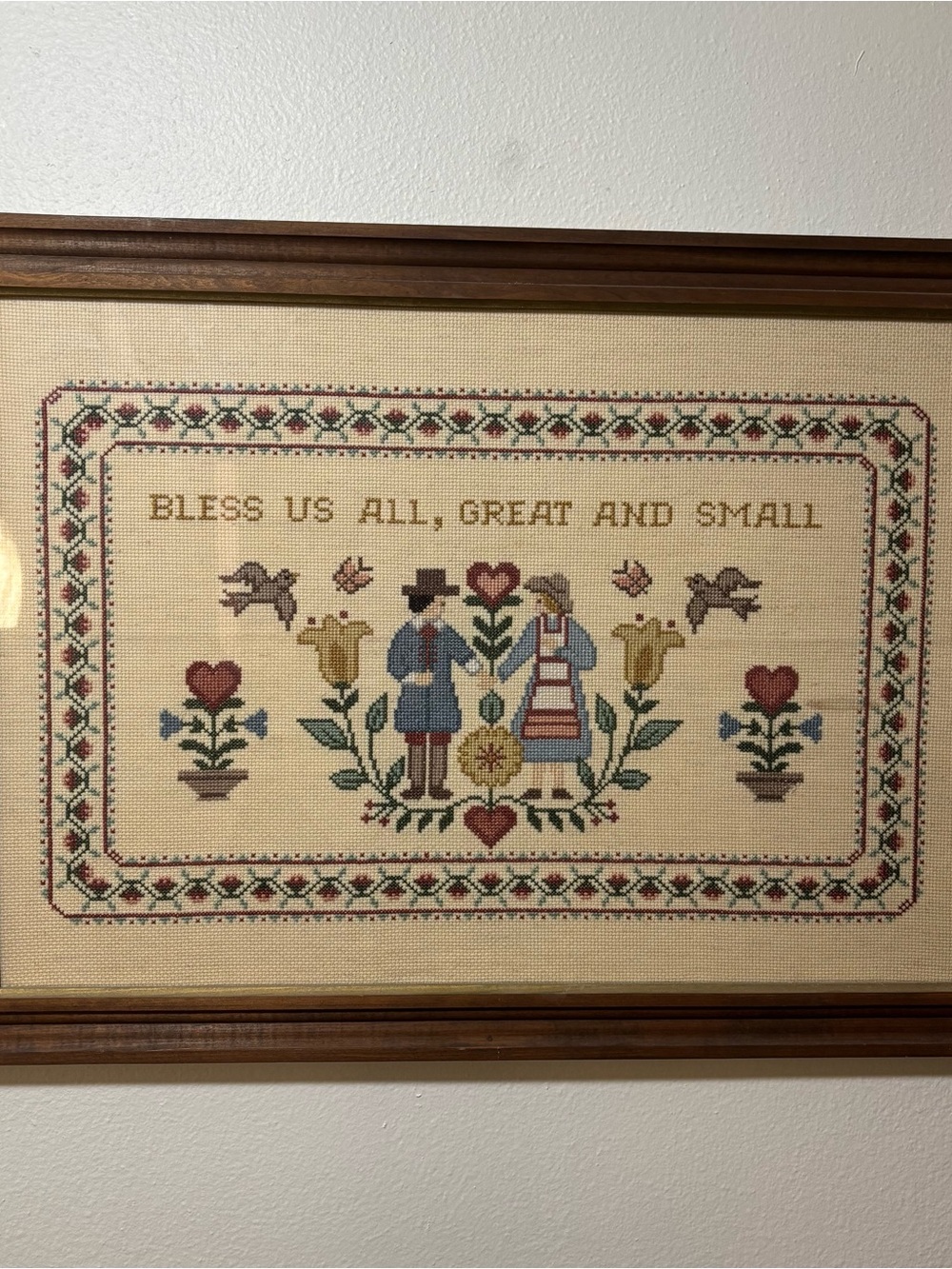 Vintage Framed Cross Stitch Folk Art Couple “Bless Us All Great & Small” 22x16”